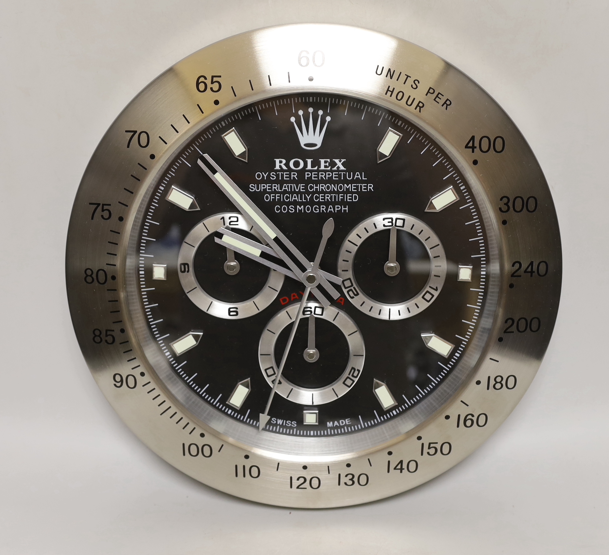 A Rolex style advertising quartz wall clock, 34cm diameter